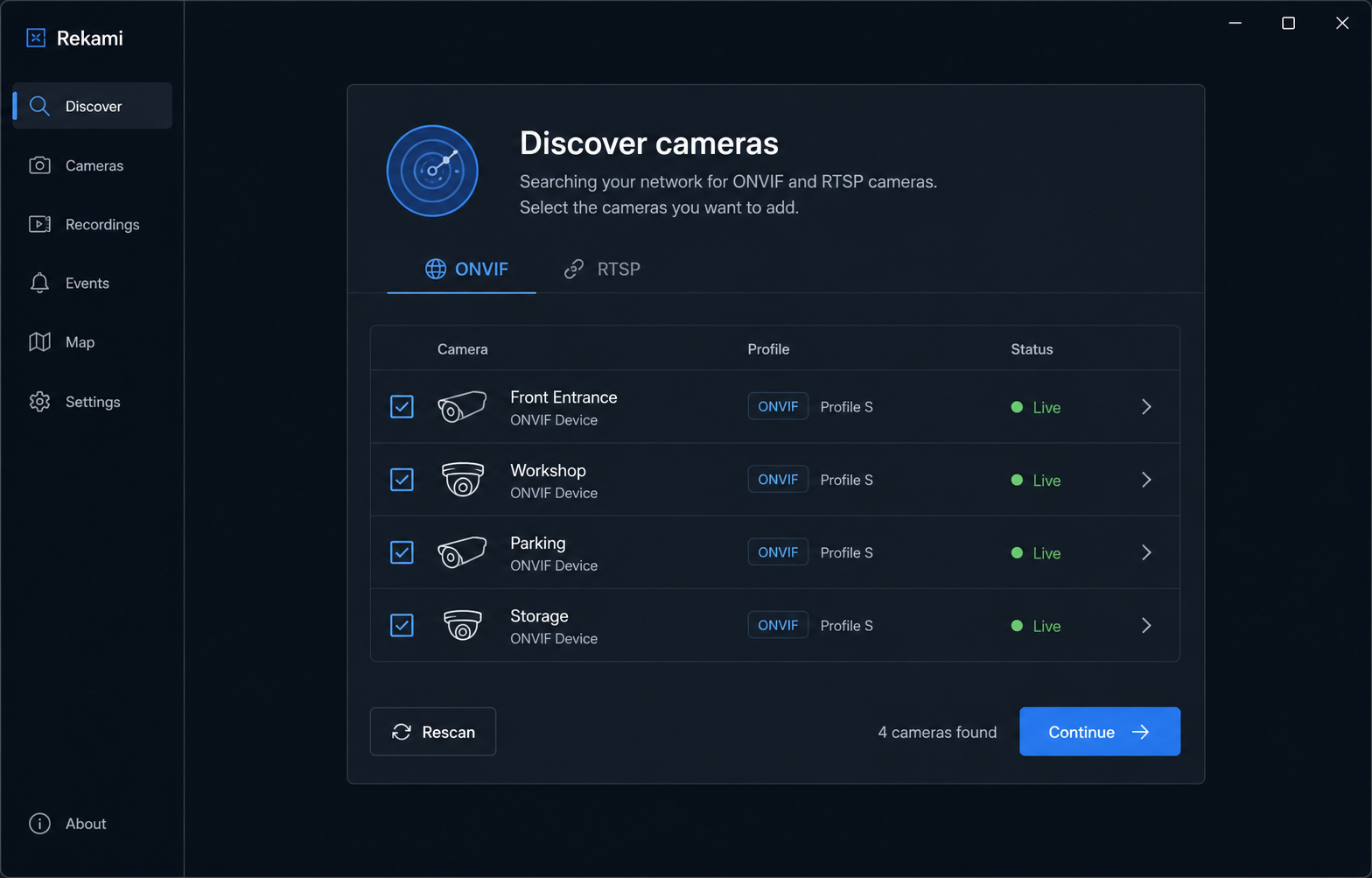 Rekami discovering fictional ONVIF camera candidates on Windows