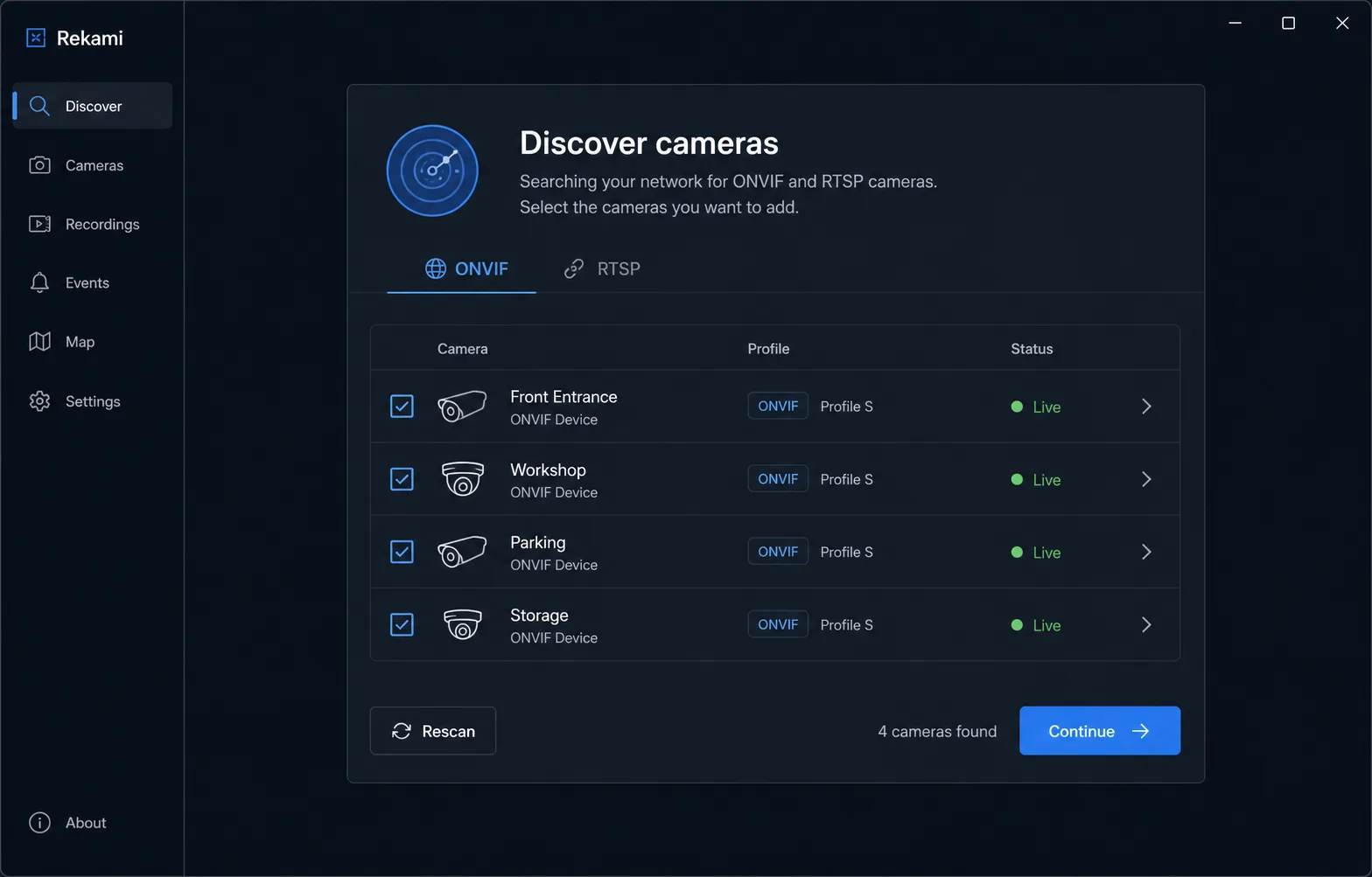 Rekami discovery view with fictional camera candidates