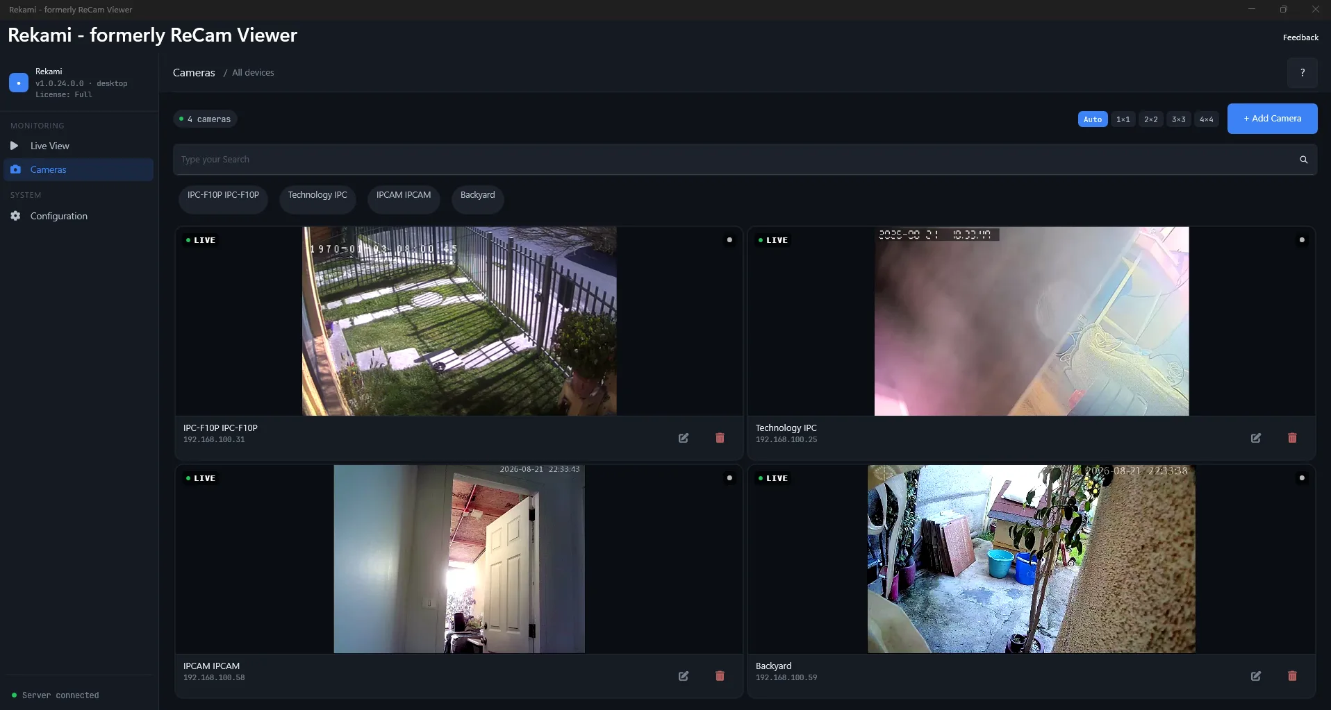 Rekami for Windows showing four live camera feeds